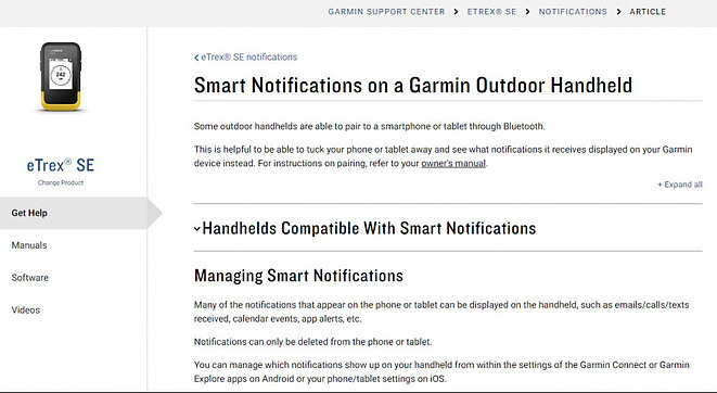 Support.Garmin eTrex SE Notification Information